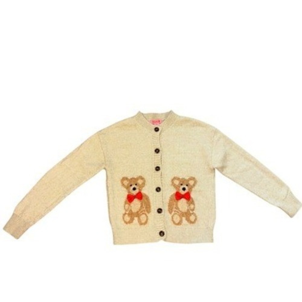 Coco & Shay Teddy Bear Bow Knit Cardigan Sweater Beige Womens SZ Medium MS0255